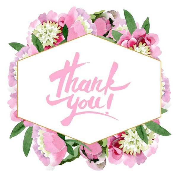 美丽的粉红色牡丹花与绿叶隔离在白色背景 水彩画水族馆 框架边框装饰 谢谢你的书法书法 — 图库照片