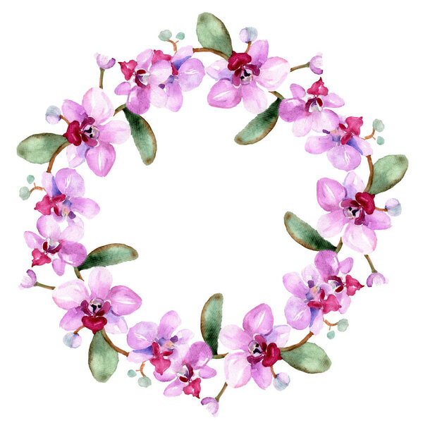 Beautiful orchid flowers with green leaves isolated on white. Watercolor background illustration. Watercolour drawing fashion aquarelle. Frame border ornament. — Stock Image Beautiful Orchid Flowers Green Leaves Isolated White Watercolor Background Illustration Stock Photo