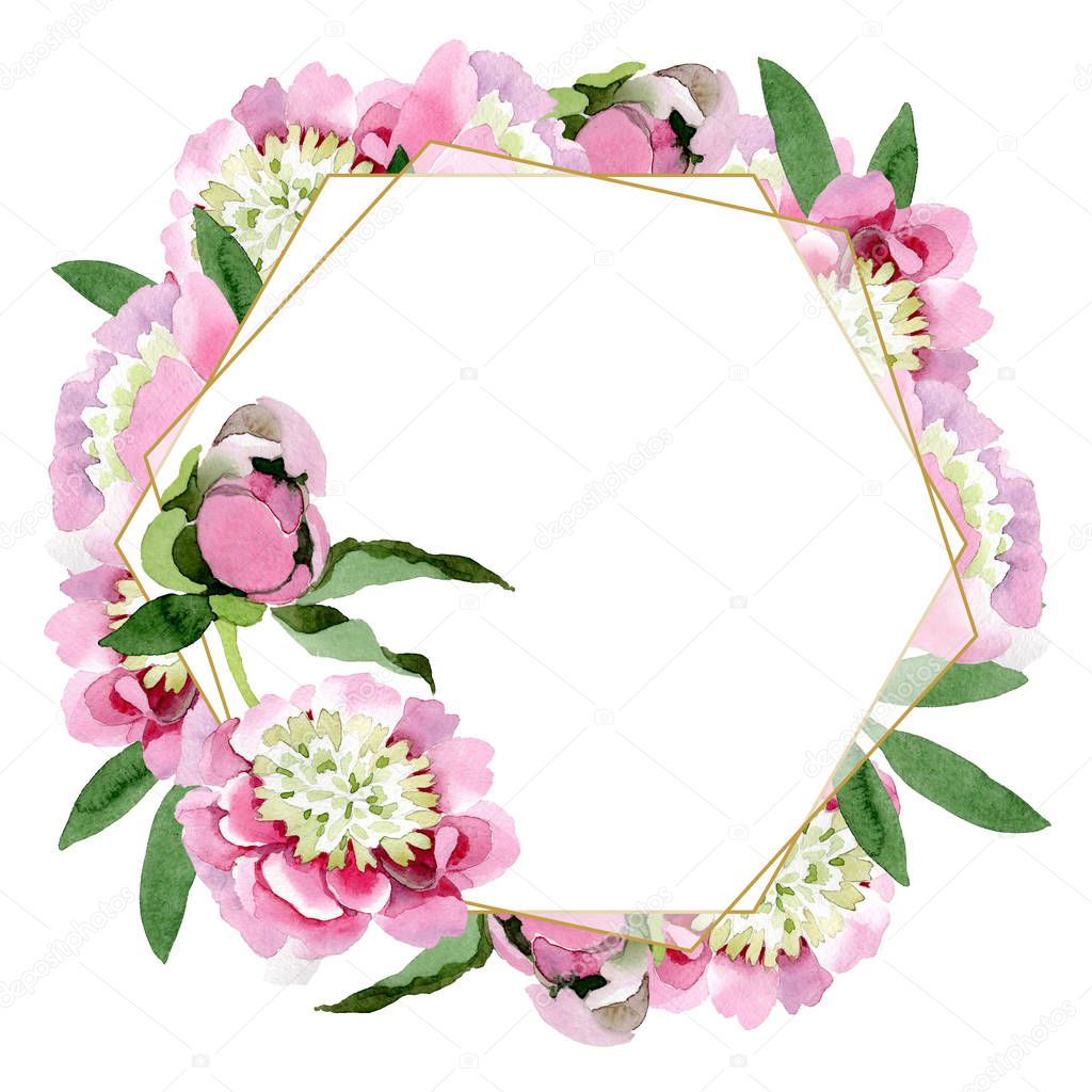 Beautiful pink peony flowers with green leaves isolated on white background. Watercolour drawing aquarelle. Frame border ornament.