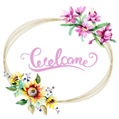 Beyaz arka plan üzerinde güzel suluboya çiçek. Suluboya çizim aquarelle. İzole buket çiçek çizim öğesi. Çerçeve kenarlığı süsleme. Hoş geldiniz yazıt