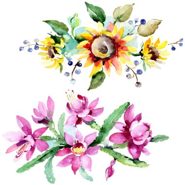 Beyaz arka plan üzerinde güzel suluboya çiçek. Suluboya çizim aquarelle illüstrasyon. İzole buket çiçek çizim öğesi.