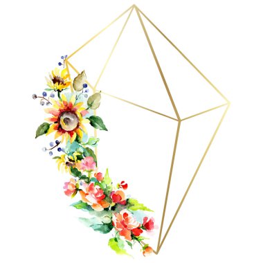 Beyaz arka plan üzerinde güzel suluboya çiçek. Suluboya çizim aquarelle. İzole buket çiçek çizim öğesi. Çerçeve kenarlığı süsleme.