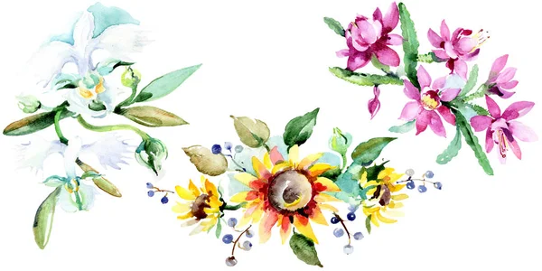 白い背景の上の美しい水彩画花 水彩描画 Aquarelle イラスト 花の図要素の分離の花束 — ストック写真