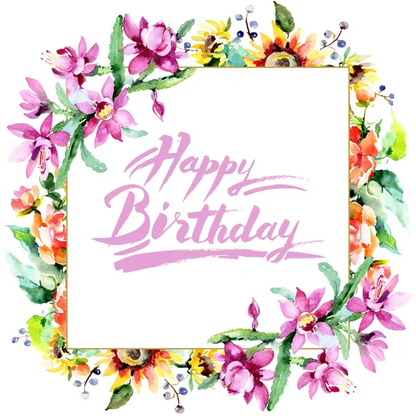 白い背景の上の美しい水彩画花 水彩描画 Aquarelle 花の図要素の分離の花束 フレーム枠の飾り 幸せな誕生日の碑文 — ストック写真