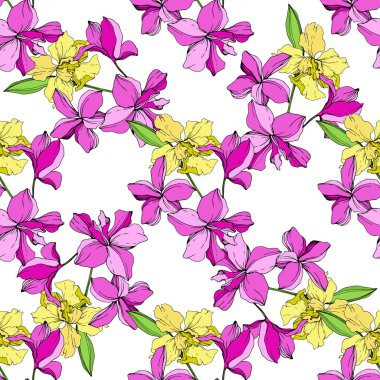 Güzel pembe ve sarı orkide çiçekleri beyaz arka plan üzerinde. Sorunsuz arka plan deseni. Kumaş duvar kağıdı yazdırma doku. Oyulmuş mürekkep sanat.