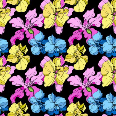 Yellow, blue and pink orchids engraved ink art. Seamless background pattern. Fabric wallpaper print texture on black background. clipart