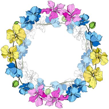 Yellow, blue and pink orchids. Engraved ink art. Frame floral wreath on white background. clipart
