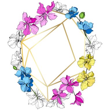 Pembe, mavi ve sarı orkide çiçekleri. Oyulmuş mürekkep sanat. Çerçeve altın kristal. Geometrik kristal taş polihedron mozaik şekli.