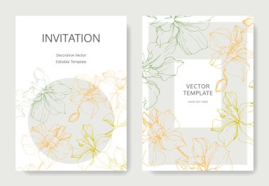 Wedding cards with floral decorative borders. Beautiful orchid flowers. Thank you, rsvp, invitation elegant cards illustration graphic set. clipart