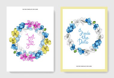 Düğün kartları çiçek dekoratif sınırları ile. Güzel orkide çiçekler. Teşekkür ederim, rsvp, davet zarif kartları illüstrasyon grafik kümesi.