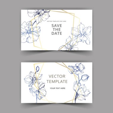 Wedding cards with floral decorative borders. Beautiful orchid flowers. Thank you, rsvp, invitation elegant cards illustration graphic set. clipart