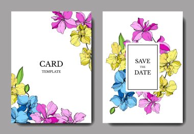 Düğün kartları çiçek dekoratif sınırları ile. Güzel orkide çiçekler. Teşekkür ederim, rsvp, davet zarif kartları illüstrasyon grafik kümesi.