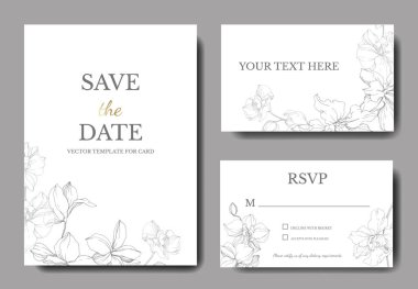 Düğün kartları çiçek dekoratif sınırları ile. Güzel orkide çiçekler. Teşekkür ederim, rsvp, davet zarif kartları illüstrasyon grafik kümesi.