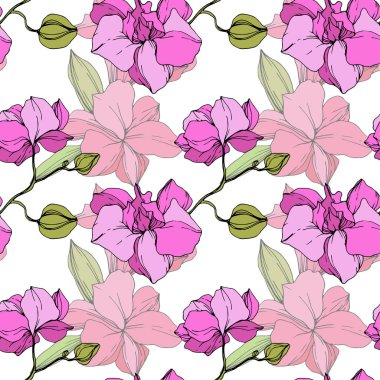 Pembe orkide çiçekler çok güzel. Sorunsuz arka plan deseni. Kumaş duvar kağıdı yazdırma doku. Oyulmuş mürekkep sanat.