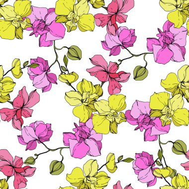 Güzel pembe ve sarı orkide çiçekler. Sorunsuz arka plan deseni. Kumaş duvar kağıdı yazdırma doku. Oyulmuş mürekkep sanat.