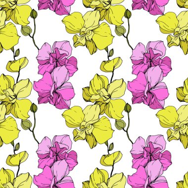 Güzel pembe ve sarı orkide çiçekler. Sorunsuz arka plan deseni. Kumaş duvar kağıdı yazdırma doku. Oyulmuş mürekkep sanat.