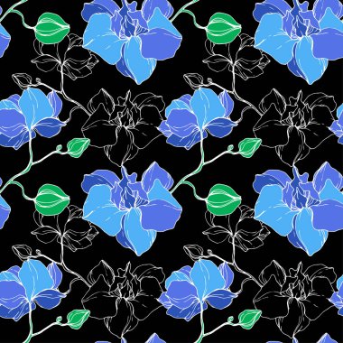 Beautiful blue orchid flowers. Engraved ink art. Seamless background pattern. Fabric wallpaper print texture. clipart