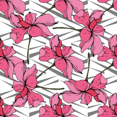 Beautiful pink orchid flowers. Seamless background pattern. Fabric wallpaper print texture. Engraved ink art. clipart