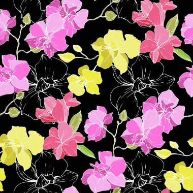 Güzel pembe ve sarı orkide çiçekler. Sorunsuz arka plan deseni. Kumaş duvar kağıdı yazdırma doku. Oyulmuş mürekkep sanat.