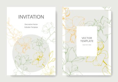 Yellow, green and orange orchid flowers. Engraved ink art. Wedding cards with floral decorative borders. Thank you, rsvp, invitation elegant cards illustration graphic set. clipart