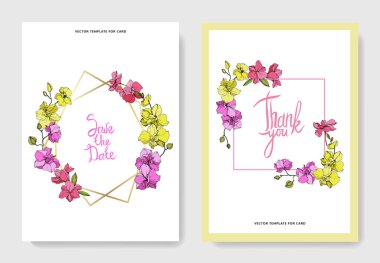 Güzel orkide çiçekler mürekkep sanat kazınmış. Düğün kartları çiçek dekoratif sınırları ile. Teşekkür ederim, rsvp, davet zarif kartları illüstrasyon grafik kümesi.