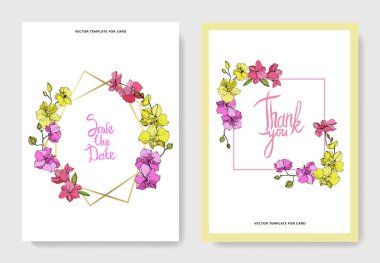 Beautiful orchid flowers engraved ink art. Wedding cards with floral decorative borders. Thank you, rsvp, invitation elegant cards illustration graphic set. clipart