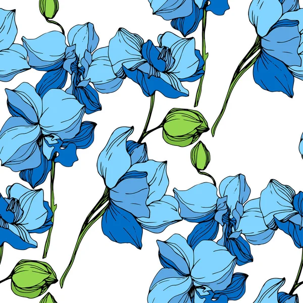 美丽的蓝色兰花花在白色背景 无缝的背景模式 织物壁纸打印纹理 — 图库矢量图片