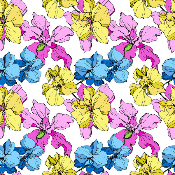 Beautiful yellow, blue and pink orchid flowers. Seamless background pattern. Fabric wallpaper print texture on white background.