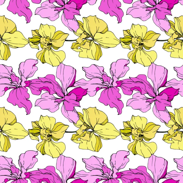 美丽的粉红色和黄色的兰花花在白色的背景 无缝的背景模式 织物壁纸打印纹理 雕刻的水墨艺术 — 图库矢量图片
