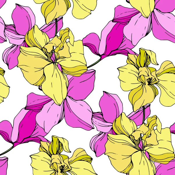 Beautiful Pink Yellow Orchid Flowers White Background Seamless Background Pattern — Stock Vector