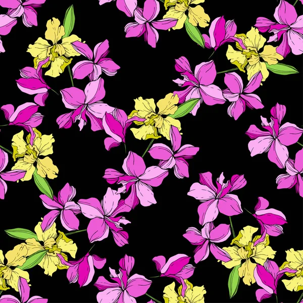 Hermosas Flores Orquídea Amarillas Rosas Patrón Fondo Sin Costuras Textura — Vector de stock