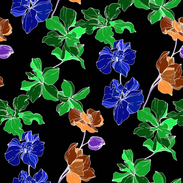 Schöne Blaue Orangefarbene Und Grüne Orchideenblüten Tuschebilder Nahtlose Hintergrundmuster Stofftapete — Stockvektor