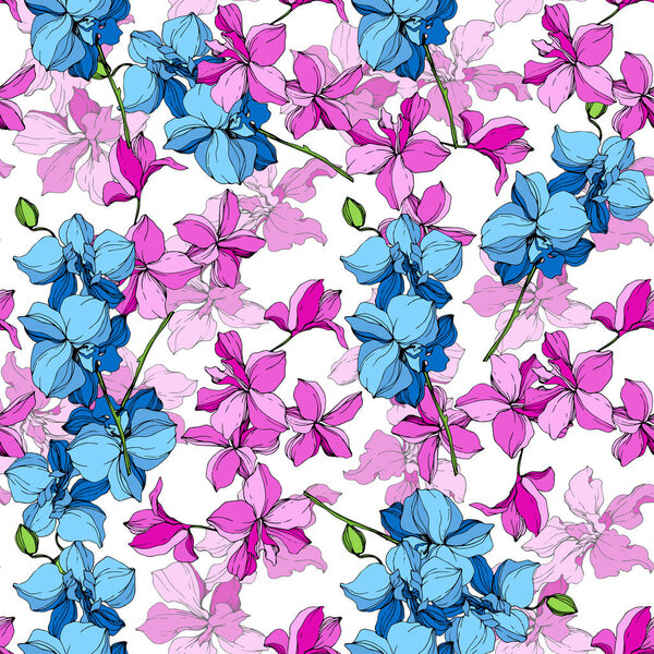 Beautiful blue and pink orchid flowers. Engraved ink art. Seamless background pattern. Fabric wallpaper print texture on white background.