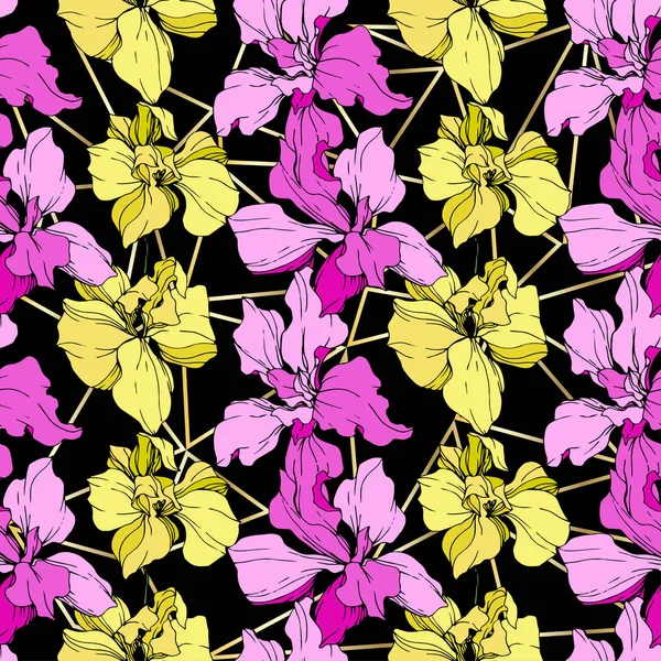 Beautiful Yellow Pink Orchid Flowers Seamless Background Pattern Fabric Wallpaper — Stock Vector