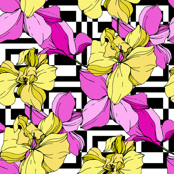 Beautiful pink and yellow orchid flowers on white background. Seamless background pattern. Fabric wallpaper print texture. Engraved ink art.