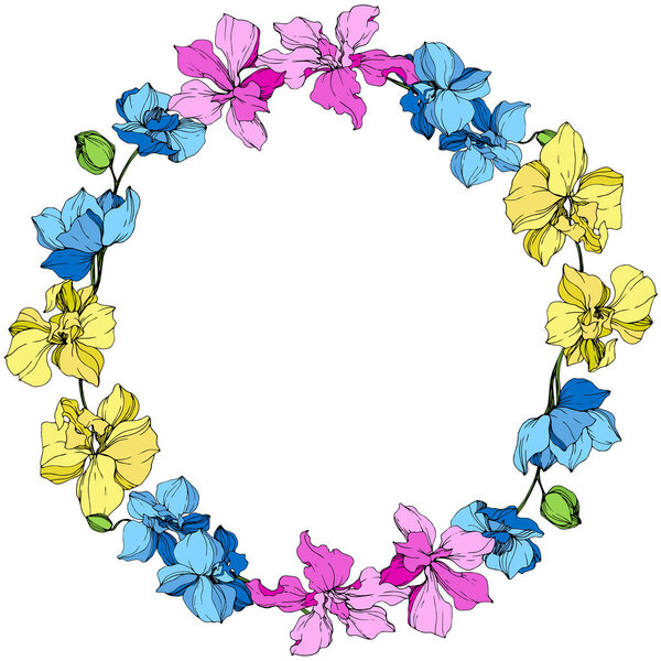 Yellow, blue and pink orchids. Engraved ink art. Frame floral wreath on white background.