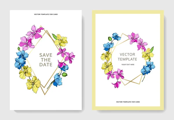 Bryllupskort Med Blomster Dekorative Grænser Smukke Orkideblomster Tak Rsvp Invitation – Stock-vektor