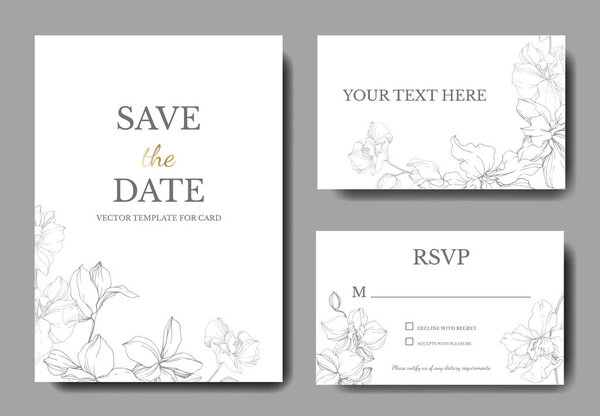 Wedding cards with floral decorative borders. Beautiful orchid flowers. Thank you, rsvp, invitation elegant cards illustration graphic set.