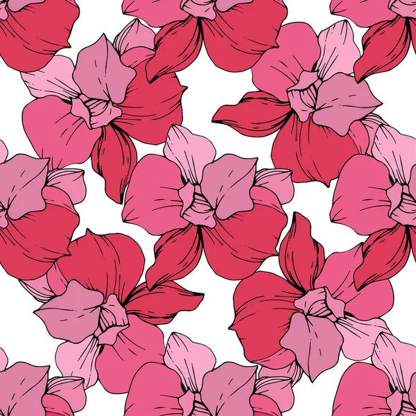 Beautiful Pink Orchid Flowers Seamless Background Pattern Fabric Wallpaper Print — Stock Vector