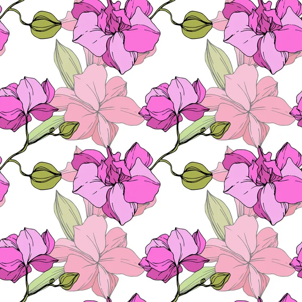 Schöne Rosa Orchideenblüten Nahtlose Hintergrundmuster Textur Für Stofftapeten Tuschebilder — Stockvektor