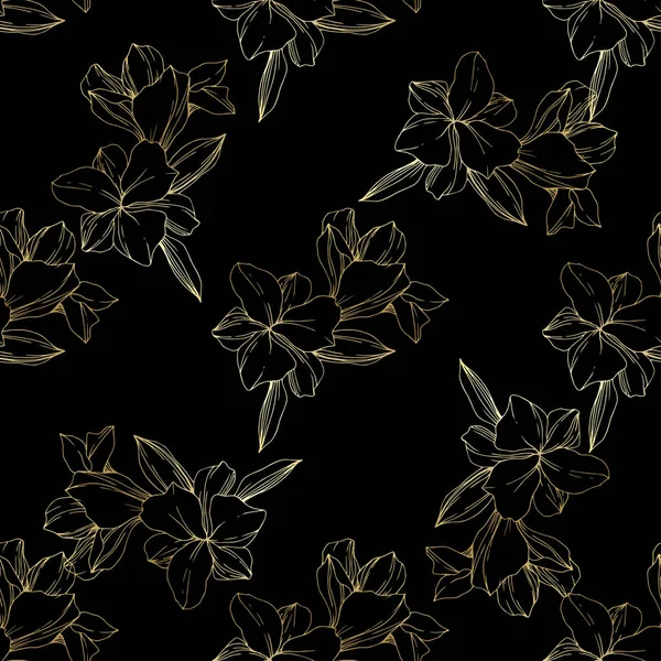 Hermosas Orquídeas Doradas Sobre Fondo Negro Arte Tinta Grabada Patrón — Vector de stock