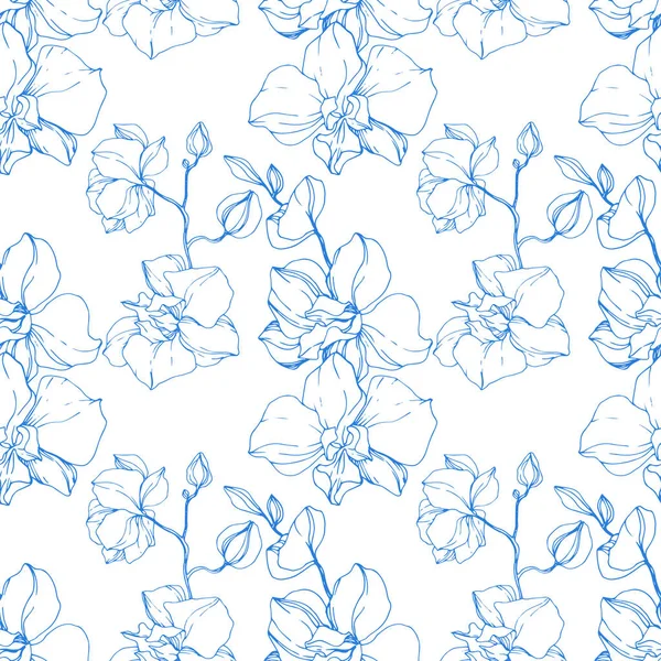 Beautiful Blue Orchid Flowers Engraved Ink Art Seamless Background Pattern — Stock Vector