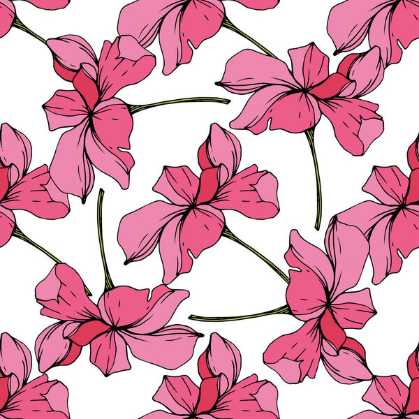 Beautiful pink orchid flowers. Seamless background pattern. Fabric wallpaper print texture. Engraved ink art.