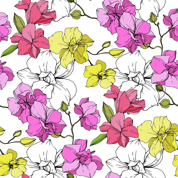 Krásné Růžové Žluté Květy Orchidejí Vzor Bezešvé Pozadí Fabric Tapety — Stockový vektor