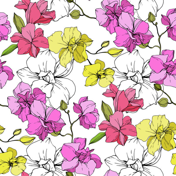 Beautiful pink and yellow orchid flowers. Seamless background pattern. Fabric wallpaper print texture. Engraved ink art.