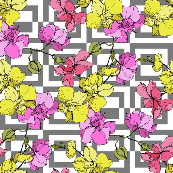 Beautiful Pink Yellow Orchid Flowers Seamless Background Pattern Fabric Wallpaper — Stock Vector