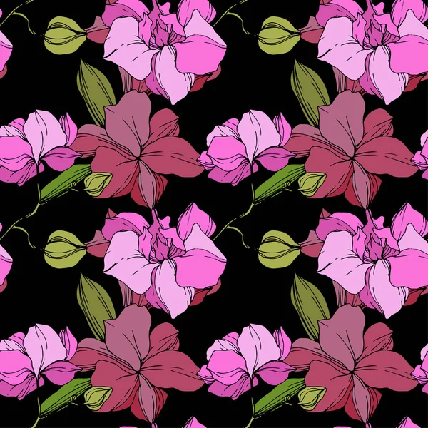 美しいピンクの蘭の花 シームレスな背景パターン 壁紙印刷手触りの生地 刻まれたインク アート — ストックベクタ