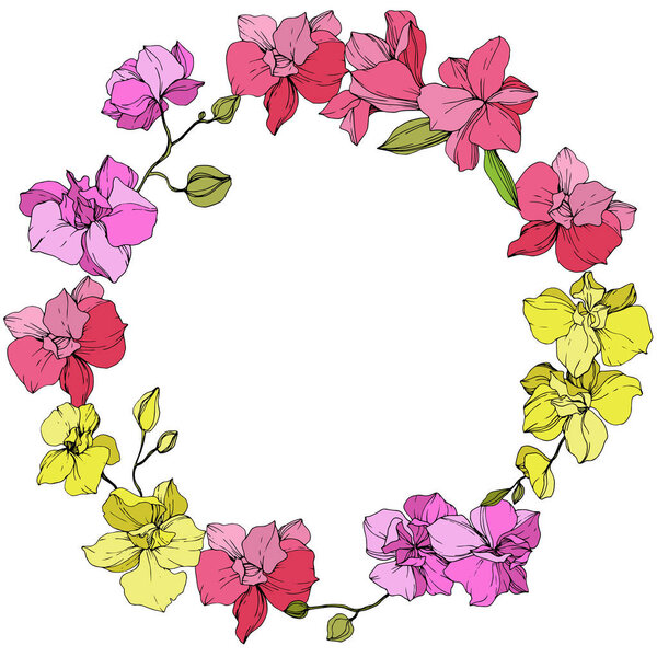Beautiful pink and yellow orchid flowers. Engraved ink art. Frame floral wreath on white background.