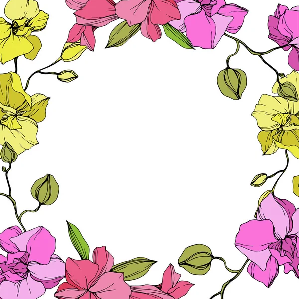 Hermosas Flores Orquídea Rosa Amarilla Arte Tinta Grabada Corona Floral — Vector de stock