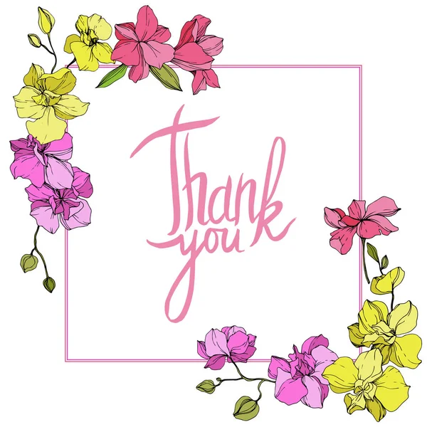 美しいピンクと黄色の蘭の花 刻まれたインク アート 正方形のフレーム ありがとう手書きモノグラム — ストックベクタ